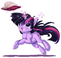 Size: 900x856 | Tagged: safe, artist:shineymagic, imported from derpibooru, twilight sparkle, pony, unicorn, book, female, heart, levitation, magic, mare, running, simple background, solo, telekinesis, white background