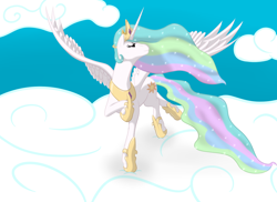 Size: 2000x1452 | Tagged: safe, artist:massyr, artist:php44, imported from derpibooru, princess celestia, alicorn, pony, cloud, female, mare, peytral, raised hoof, sky, solo