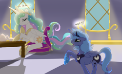 Size: 1225x743 | Tagged: safe, artist:php44, artist:tenchi-outsuno, imported from derpibooru, princess celestia, princess luna, alicorn, pony, bed mane, duo, duo female, female, mare, messy mane, s1 luna, sisters, teapot