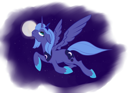 Size: 1445x1051 | Tagged: safe, artist:rubrony, imported from derpibooru, princess luna, alicorn, pony, female, floppy ears, flying, lidded eyes, mare, moon, night, s1 luna, smiling, solo