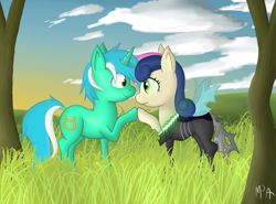 Size: 2448x1809 | Tagged: dead source, safe, artist:mostlyponyart, imported from derpibooru, bon bon, lyra heartstrings, sweetie drops, changeling, pony, unicorn, bon bon is best changeling, eye contact, female, grass, lesbian, looking at each other, lyrabon, mare, shipping, smiling