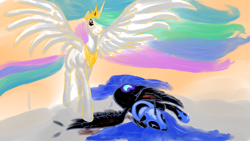 Size: 1440x810 | Tagged: safe, artist:rubrony, imported from derpibooru, nightmare moon, princess celestia, alicorn, pony, crying, duo, duo female, eyes closed, feather, female, floppy ears, frown, hair over one eye, mare, on side, side, spread wings