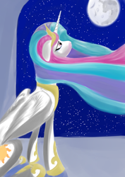 Size: 724x1024 | Tagged: safe, artist:rubrony, imported from derpibooru, princess celestia, alicorn, pony, female, floppy ears, looking up, mare, mare in the moon, moon, night, peytral, princess, sad, sitting, solo, stars