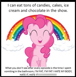 Size: 653x658 | Tagged: safe, imported from derpibooru, pinkie pie, earth pony, pony, bulimia, eyes closed, female, mare, rainbow, solo, text