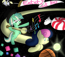 Size: 800x700 | Tagged: safe, artist:lamia, imported from derpibooru, bon bon, derpy hooves, lyra heartstrings, sweetie drops, earth pony, pegasus, pony, unicorn, banjo, banner, female, longbon, mare, musical instrument, space, sunglasses, wat