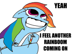 Size: 800x600 | Tagged: safe, artist:the weaver, artist:weaver, imported from derpibooru, rainbow dash, pegasus, pony, dilated pupils, drugs, female, floppy ears, gif, grin, heroin, high, mare, needle, non-animated gif, rainbow, simple background, smiling, solo, syringe, text, white background
