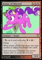 Size: 480x680 | Tagged: safe, edit, edited screencap, imported from derpibooru, screencap, screwball, earth pony, pony, the return of harmony, avatar of discord, card, female, floating, green sky, magic the gathering, mare, solo, trading card edit