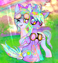 Size: 624x684 | Tagged: dead source, safe, artist:chalnsaw, imported from derpibooru, cloudchaser, flitter, pegasus, pony, abstract background, duo, duo female, female, goggles, mare, smiling