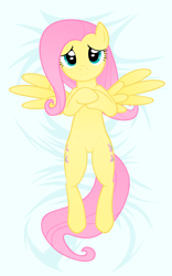 Size: 2488x4000 | Tagged: safe, artist:kurokaji11, imported from derpibooru, fluttershy, pegasus, pony, bed, body pillow, body pillow design, female, looking at you, mare, on back, solo