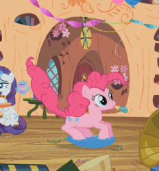 Size: 334x360 | Tagged: safe, imported from derpibooru, screencap, pinkie pie, rarity, earth pony, pony, unicorn, season 2, secret of my excess, animated, balloon, bouncing, female, gif, golden oaks library, jumping, mare, moments before disaster, pinkie being pinkie, pinkie bounce, pronking