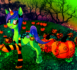 Size: 600x550 | Tagged: safe, artist:chalnsaw, imported from derpibooru, oc, oc only, oc:eve spook, pony, unicorn, clothes, female, mare, pumpkin, pumpkin patch, raised hoof, socks, solo, striped socks, tree