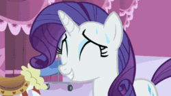 Size: 720x405 | Tagged: safe, imported from derpibooru, screencap, rarity, pony, unicorn, baby cakes, animated, carousel boutique, eyes closed, female, head shake, mare, solo, sweat