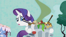 Size: 476x269 | Tagged: safe, imported from derpibooru, screencap, rarity, pony, unicorn, party of one, season 1, animated, female, gif, mare, near vomit, smelly, sock, solo, trash, trash can, visible stench