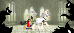 Size: 1600x727 | Tagged: artist needed, safe, artist:foxdeimos, imported from derpibooru, earth pony, pony, shadow pony, day, ico, mouth hold, ponified, silhouette, sword, video game, weapon, yorda