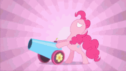Size: 389x219 | Tagged: safe, edit, edited screencap, imported from derpibooru, screencap, pinkie pie, rarity, earth pony, pony, unicorn, season 2, sweet and elite, animated, clothes, dress, female, giant hat, gif, hat, haters gonna hate, mare, party cannon