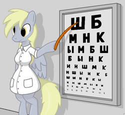 Size: 641x590 | Tagged: safe, artist:tg-0, imported from derpibooru, derpy hooves, anthro, semi-anthro, arm hooves, eye chart, eye exam, female, oculist, ophthalmologist, russian, solo