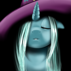 Size: 2000x2000 | Tagged: dead source, safe, artist:kloudmutt, imported from derpibooru, trixie, pony, unicorn, bust, clothes, eyes closed, female, floppy ears, front view, full face view, hair over one eye, hat, high res, kissing, mare, portrait, pov, solo, trixie's hat