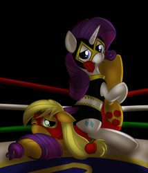 Size: 1260x1470 | Tagged: safe, artist:kloudmutt, imported from derpibooru, applejack, rarity, earth pony, pony, unicorn, duo, female, flower, flower in mouth, lesbian, luchador, mare, mask, mouth hold, rarijack, rose, shipping, wrestling