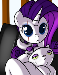 Size: 700x900 | Tagged: dead source, safe, artist:kloudmutt, imported from derpibooru, opalescence, rarity, pony, unicorn, duo, ernst stavro blofeld, eye scar, female, holding, james bond, mare, parody, scar