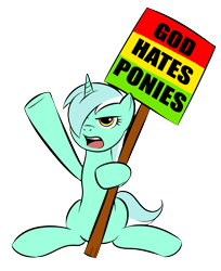 Size: 778x954 | Tagged: safe, artist:kloudmutt, imported from derpibooru, lyra heartstrings, pony, unicorn, angry, boomerang bigot, female, god, mare, parody, sign, simple background, sitting, solo, transparent background, westboro baptist church