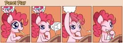 Size: 1400x489 | Tagged: safe, artist:solar-slash, imported from derpibooru, pinkie pie, earth pony, pony, comic, female, grin, mare, mouth hold, panel play, pencil, smiling, solo, thought bubble