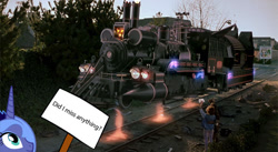 Size: 640x350 | Tagged: safe, imported from derpibooru, princess luna, alicorn, pony, back to the future, did i miss anything?, female, locomotive, mare, meme, s1 luna, sign, steam locomotive, train
