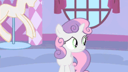 Size: 512x288 | Tagged: safe, imported from derpibooru, screencap, rarity, sweetie belle, pony, unicorn, season 1, stare master, animated, blinking, bucket, carousel boutique, duo, duo female, female, filly, gem, gif, loop, mannequin, mare, perfect loop, running, yarn