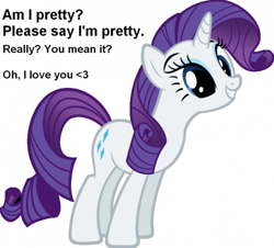 Size: 500x452 | Tagged: safe, imported from derpibooru, rarity, pony, unicorn, bronybait, female, happy, mare, pretty, simple background, smiling, solo, text, vector, white background