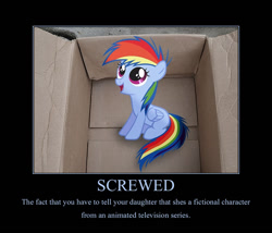 Size: 966x828 | Tagged: artist needed, source needed, safe, imported from derpibooru, rainbow dash, pegasus, pony, fanfic:my little dashie, black background, box, demotivational poster, female, filly, foal, meme, pony in a box, simple background, solo, vector