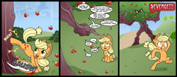 Size: 1500x656 | Tagged: safe, artist:madmax, imported from derpibooru, applejack, earth pony, ent, pony, aaugh!, apple, apple tree, applebucking, applejack mid tree-buck facing the right with 3 apples falling down, applejack mid tree-buck with 3 apples falling down, applejack's hat, bipedal, chase, comic, cowboy hat, dialogue, falling, female, food, hat, kicking, living object, mare, pointing, running, scared, stetson, tree