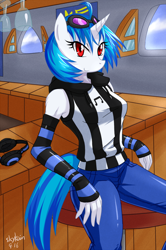 Size: 852x1280 | Tagged: safe, artist:skykain, imported from derpibooru, dj pon-3, vinyl scratch, anthro, unicorn, clothes, detached sleeves, female, headphones, looking at you, mare, pants, red eyes, shirt, solo