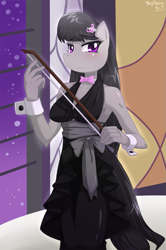 Size: 849x1280 | Tagged: safe, artist:skykain, imported from derpibooru, octavia melody, anthro, earth pony, blushing, bow (instrument), bowtie, clothes, dress, female, mare, solo