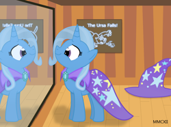 Size: 1182x880 | Tagged: safe, artist:mostlyponyart, imported from derpibooru, trixie, pony, unicorn, brooch, female, hat, jewelry, mare, mirror, solo, trixie's brooch, trixie's cape, trixie's hat