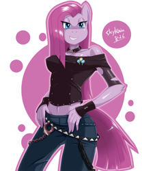 Size: 1065x1280 | Tagged: safe, artist:skykain, imported from derpibooru, pinkie pie, anthro, earth pony, belly button, clothes, female, mare, midriff, pants, pinkamena diane pie, pinkie punk, punk, smiling, solo