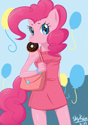 Size: 849x1200 | Tagged: safe, artist:skykain, imported from derpibooru, pinkie pie, anthro, earth pony, balloon, bracelet, clothes, cute, diapinkes, donut, dress, ear fluff, female, jewelry, mare, mouth hold, purse, solo