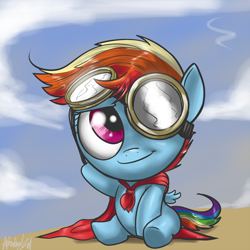 Size: 1000x1000 | Tagged: safe, artist:aphexangel, imported from derpibooru, rainbow dash, pony, cape, clothes, female, filly, filly rainbow dash, foal, goggles, solo, younger