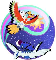 Size: 900x963 | Tagged: safe, artist:seaandsunshine, imported from derpibooru, princess celestia, princess luna, alicorn, bird, ho-oh, lugia, pony, contrast, crossover, female, flying, legendary pokémon, mare, moon, pokémon, ponies riding pokémon, princess, riding, royal sisters, simple background, spread wings, sun, transparent background, vector, wings, yin-yang
