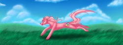 Size: 1688x628 | Tagged: safe, artist:thiscrispykat, imported from derpibooru, pinkie pie, pinkie pie (g3), earth pony, pony, cloud, cute, diapinkes, female, g3, happy, mare, open mouth, solo, teenager