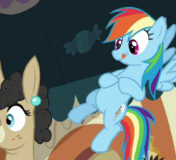 Size: 311x282 | Tagged: safe, imported from derpibooru, screencap, applejack, mulia mild, rainbow dash, earth pony, pegasus, pony, mmmystery on the friendship express, animated, female, gif, mare