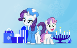Size: 1755x1097 | Tagged: safe, artist:pixelkitties, imported from derpibooru, rarity, sweetie belle, pony, unicorn, beret, clothes, dreidel, duo, female, filly, foal, hanukkah, hat, jew rarity, jewnicorn, judaism, mare, menorah, present, scarf, sisters, sweater, text