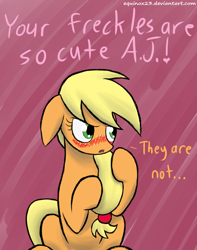 Size: 600x762 | Tagged: safe, artist:equinox23, imported from derpibooru, applejack, earth pony, pony, abstract background, blushing, cute, female, freckles, i'm not cute, implied pinkie pie, jackabetes, mare, sitting, solo, tsundere, tsunjack