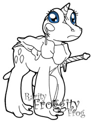 Size: 463x613 | Tagged: safe, artist:inkwell, imported from derpibooru, rarity, frog, hybrid, original species, pony, unicorn, chrono trigger, crossover, delet this, female, frogony, horn, partial color, ribbity, simple background, solo, sword, text, white background