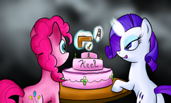 Size: 1280x774 | Tagged: safe, artist:n1de, imported from derpibooru, pinkie pie, rarity, cake