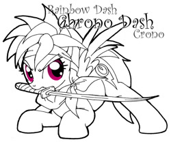 Size: 649x540 | Tagged: safe, artist:inkwell, imported from derpibooru, rainbow dash, pegasus, pony, chrono trigger, crono, crossover, female, mare, mouth hold, simple background, solo, sword, text, white background
