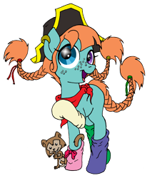 Size: 990x1203 | Tagged: safe, artist:inkwell, imported from derpibooru, earth pony, monkey, pony, clothes, crossover, female, freckles, heterochromia, mare, pigtails, pippi longstocking, ponified, simple background, socks, solo, transparent background