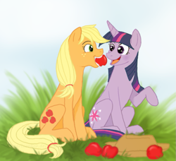 Size: 675x615 | Tagged: safe, artist:cartoonlion, imported from derpibooru, applejack, twilight sparkle, apple, blushing, cute, female, grass, happy, lesbian, mare, mouth hold, open mouth, raised hoof, sharing, shipping, sitting, smiling, twijack