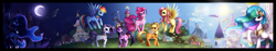 Size: 4500x850 | Tagged: safe, artist:felynea, imported from derpibooru, apple bloom, applejack, bon bon, carrot top, cheerilee, derpy hooves, dinky hooves, dj pon-3, doctor whooves, fire streak, fluttershy, golden harvest, lyra heartstrings, mayor mare, minuette, octavia melody, photo finish, pinkie pie, princess celestia, princess luna, rainbow dash, rarity, scootaloo, soarin', spitfire, sweetie belle, sweetie drops, time turner, trixie, twilight sparkle, vinyl scratch, earth pony, pegasus, pony, unicorn, carousel boutique, cutie mark crusaders, day night cycle, day night shift, element of generosity, element of honesty, element of kindness, element of laughter, element of loyalty, element of magic, elements of harmony, golden oaks library, mane six, moon, panorama, ponyville, sun, town hall, unicorn twilight, wall of tags, wonderbolts