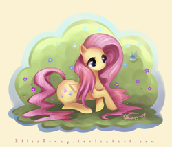 Size: 800x684 | Tagged: dead source, safe, artist:felynea, imported from derpibooru, fluttershy, bird, pegasus, pony, female, flower, folded wings, lying, mare, prone, signature, simple background, smiling, solo, url, watermark, wings, yellow background