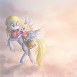 Size: 1000x1000 | Tagged: safe, artist:felynea, imported from derpibooru, derpy hooves, dinky hooves, pegasus, pony, bag, clothes, dinky riding derpy, duo, equestria's best mother, female, flying, mare, mother and daughter, ponies riding ponies, riding, scarf