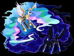 Size: 1800x1364 | Tagged: safe, artist:felynea, imported from derpibooru, nightmare moon, princess celestia, alicorn, pony, armor, armored pony, female, mare, nightmare moon armor, nightmare moon's cutie mark, pixel art, warrior celestia